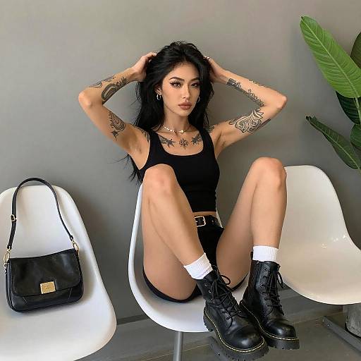 Tattooed Woman in Black Casual Outfit