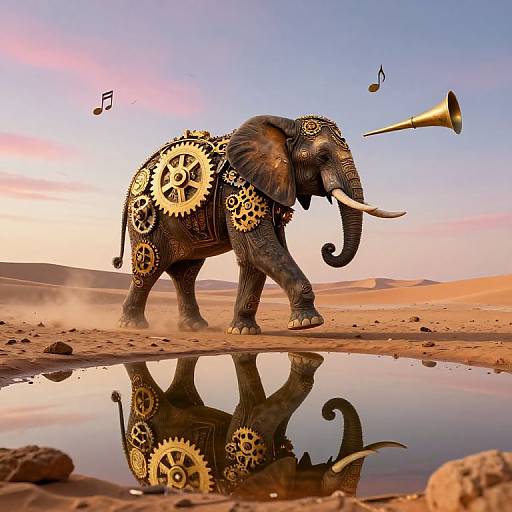 Clockwork Elephant in Surreal Desert