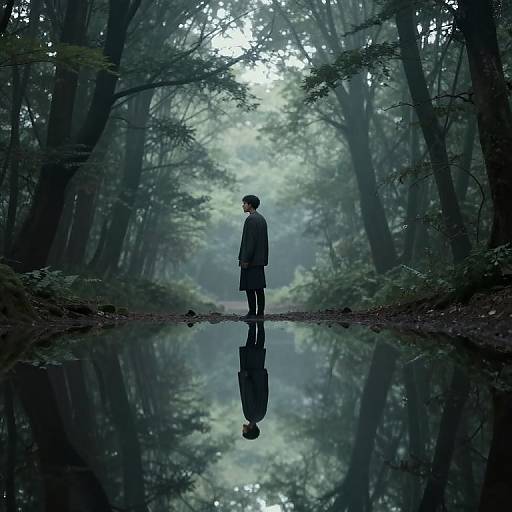 Digital art: solitary figure with short hair, dark coat, standing on forest path reflected in still pond, surrounded by misty, dense trees.