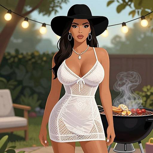 Digital illustration of a curvy woman with dark skin, large breasts, and long black hair, wearing a white lace dress and black hat, standing by