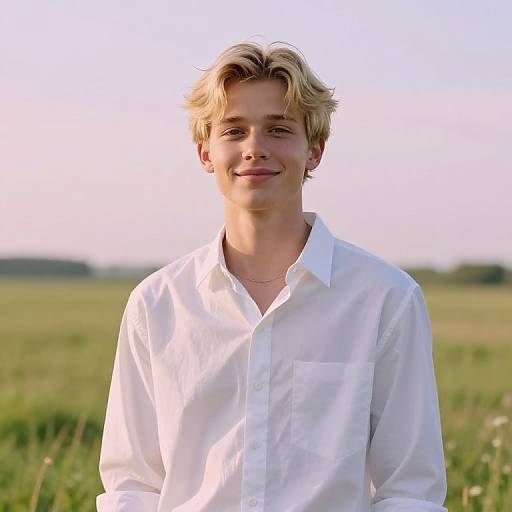 Young man with blonde, tousled hair, wearing a white button-up shirt, smiling softly in a sunlit, grassy field. Photograph.