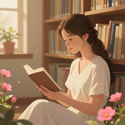 Young Asian woman with long dark hair, wearing a white dress, reads a book in a sunlit library with pink flowers. Digital art.