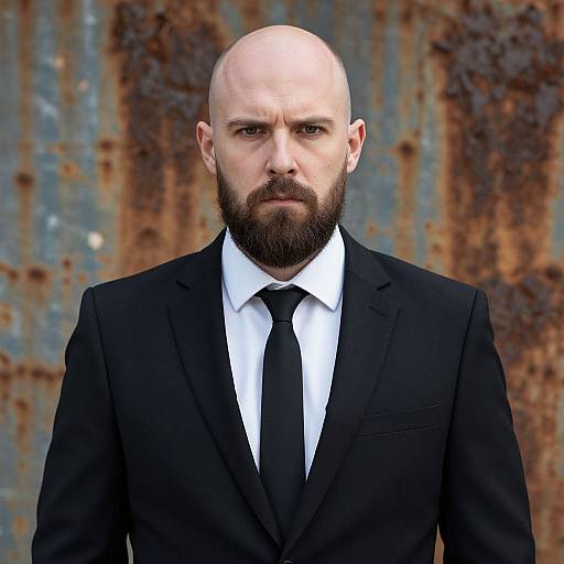 Photograph of a bald, bearded man in a black suit with a white shirt and black tie, standing against a rusty metal background. Serious expression