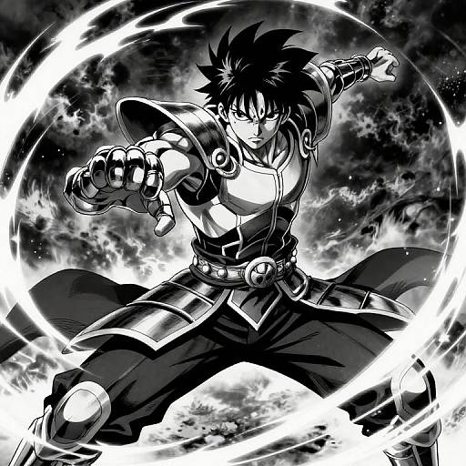 Black-and-white anime-style drawing of a muscular, spiky-haired warrior with glowing energy circles around him, striking a powerful pose. Dynamic, intense,