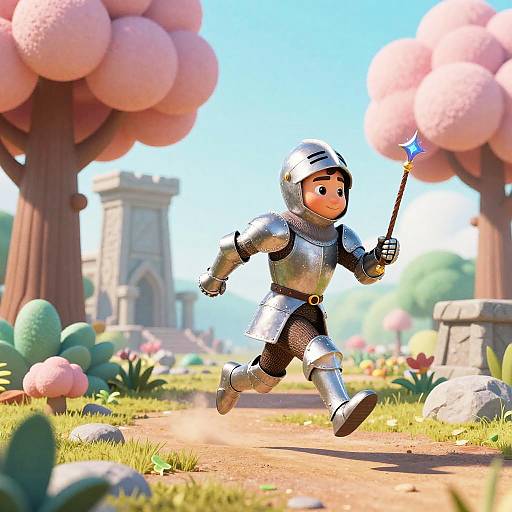 CGI image of a smiling child knight in shiny silver armor, holding a blue-starred wand, running through a colorful, fantasy forest with pink trees
