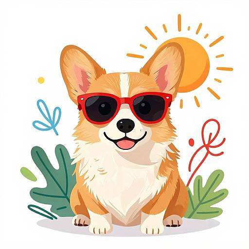 Cartoon corgi with red sunglasses, orange fur, white chest, smiling, under a sun with rays, surrounded by green leaves and a blue