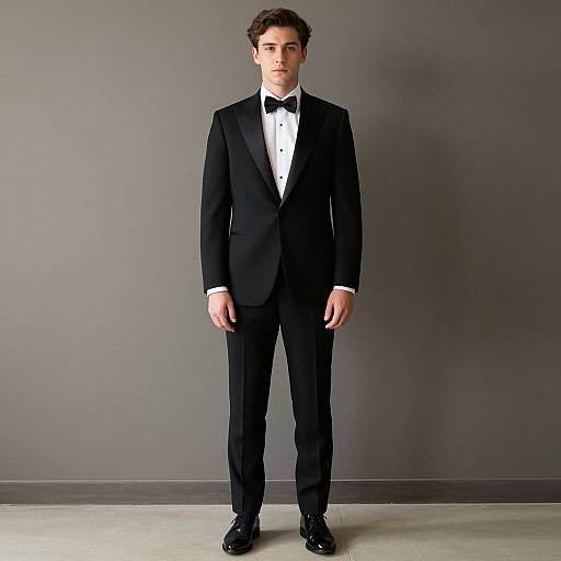 Photograph of a young man with short brown hair, standing against a gray wall, wearing a black tuxedo with a white shirt and black bow