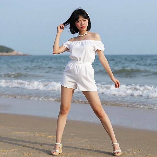 Asian woman with short black hair in white off-shoulder romper and sandals, standing on beach with ocean waves in background.