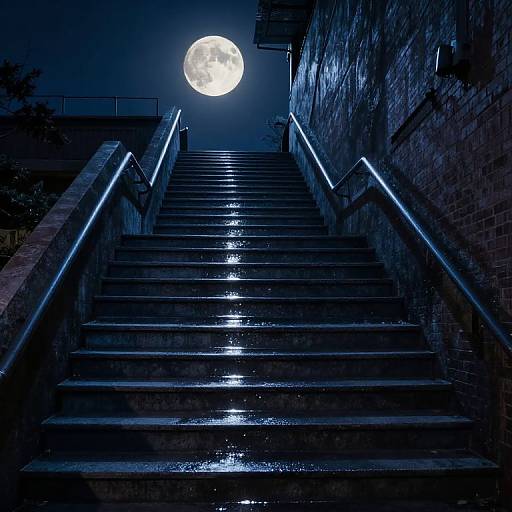 Photograph of a wet, blue-lit stone staircase at night, leading upwards to a bright full moon in the dark sky.