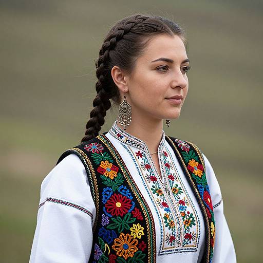 Photograph of a young woman with braided dark hair, wearing a white embroidered blouse and colorful floral vest, standing outdoors.