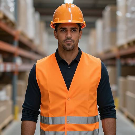 Photograph of a serious, bearded man in an orange hard hat and vest, standing in a blurred warehouse with shelves of boxes.