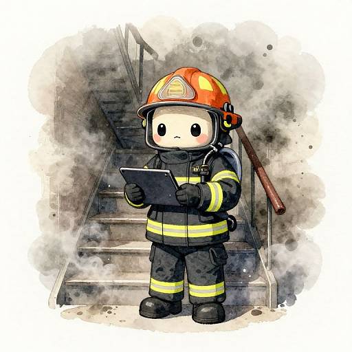 Kawaii Firefighter Watercolor Scene