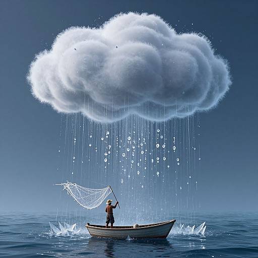 Digital artwork: Fisherman in small boat, wearing hat and red shirt, holds fishing net as large, fluffy cloud rains water droplets onto calm ocean