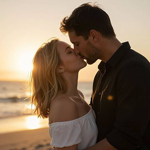 Photograph of a blonde woman with an off-shoulder white top and a bearded man in a black shirt, kissing at sunset on a beach