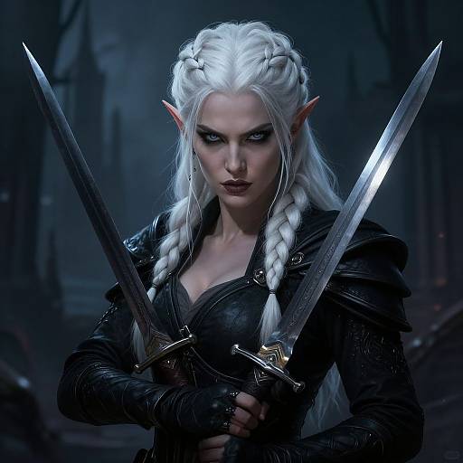 Digital art of a fierce, pale-skinned, white-haired elf warrior with braids, holding two swords, wearing black leather armor, in a dark