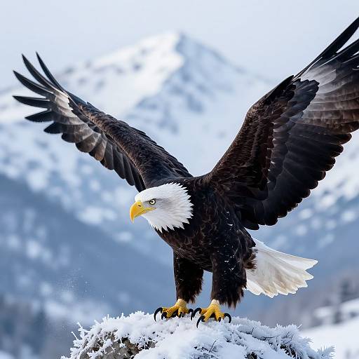 Photograph of a majestic bald eagle with outstretched wings, yellow beak, and sharp talons standing on a snowy rock. Background: blurred