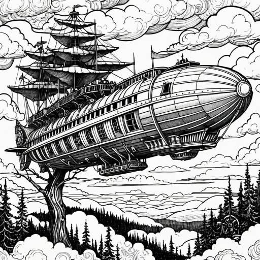 Intricate Steampunk Airship on Sequoia Tree Coloring Page