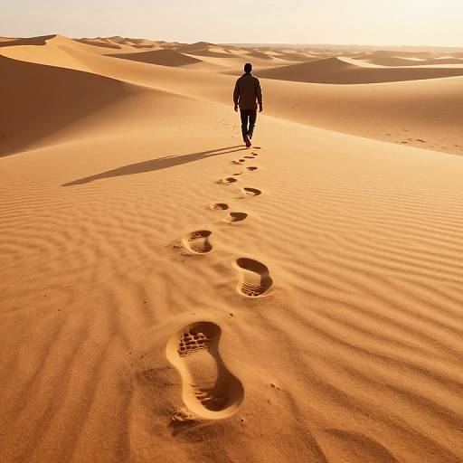 Silhouetted figure walks across golden desert sand, leaving footprints in the sunlit, rippled dunes, casting a long shadow. Phot