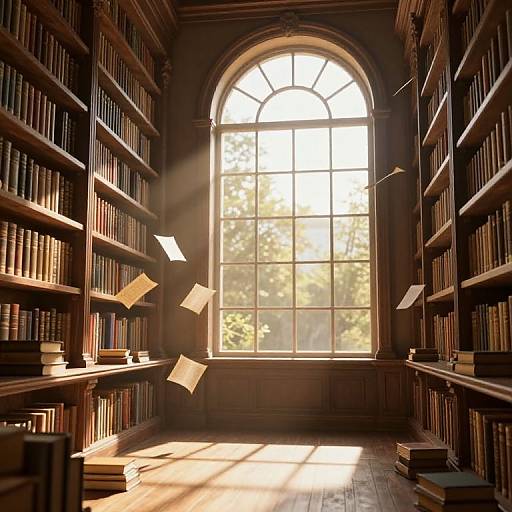 Sunlit library room with tall arched window, wooden shelves filled with books, papers floating in sunlight, warm golden light.