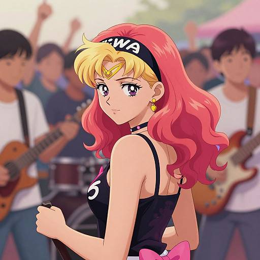 Anime-style drawing of a red-haired girl with blonde highlights, wearing a black tank top and headband, surrounded by a blurred band in a lively outdoor