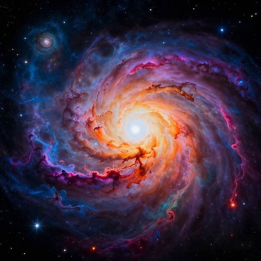Photograph-like digital artwork of a vibrant, swirling galaxy with a bright orange core, surrounded by colorful, wispy clouds and star-studded black space