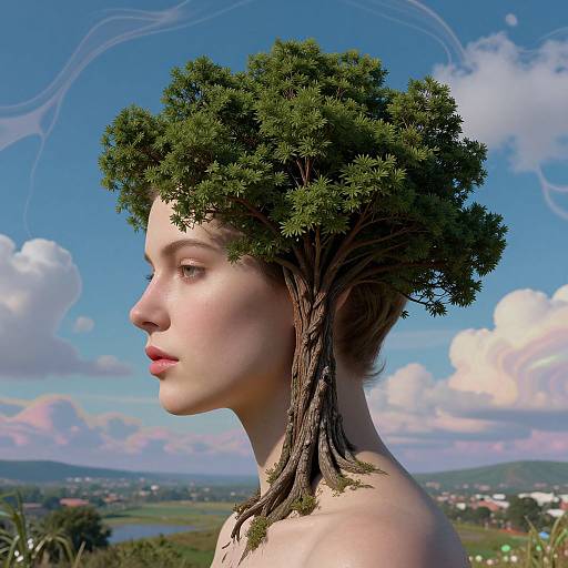 Digital artwork of a fair-skinned woman with a tree growing from her head, set against a bright blue sky with clouds. Background includes green fields and
