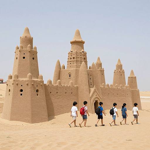 Photograph of six children walking around a large, intricate sandcastle with multiple turrets and towers in a bright, sunny desert.