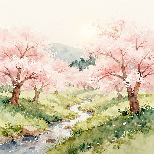 Minimalist Soft Watercolor Cherry Blossom Valley