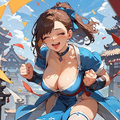 Cheerful Anime Girl in Blue Dress