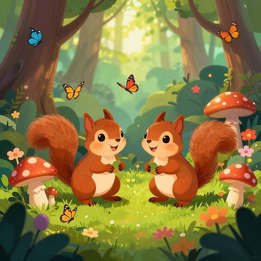 Whimsical forest scene with two adorable, cartoon-style red squirrels sitting on grass, surrounded by colorful butterflies, mushrooms, and flowers. Bright sunlight