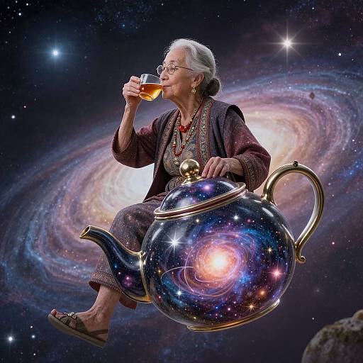 Elderly woman with white hair, glasses, and traditional dress, sips tea from a cosmic teapot, floating in space with a spiral galaxy