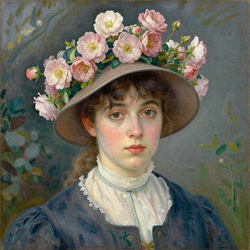 Oil painting of a young woman with fair skin and brown hair, wearing a pink flowered hat, white lace collar, and blue dress, set against