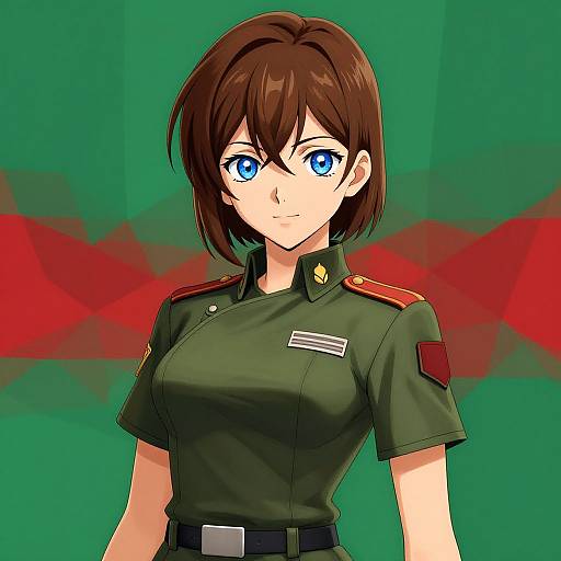 Digital anime-style drawing of a brown-haired, blue-eyed woman in a green military uniform with red shoulder epaulettes, set against a green and