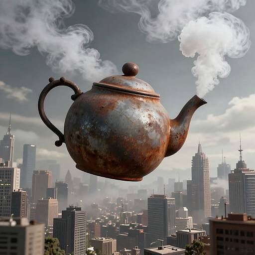 Photograph-style CGI of a massive, rusted teapot with steam rising, hovering above a sprawling cityscape with tall skyscrapers.