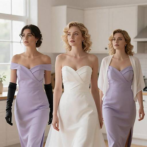 Bridal Trio Walking in Sunlit Kitchen