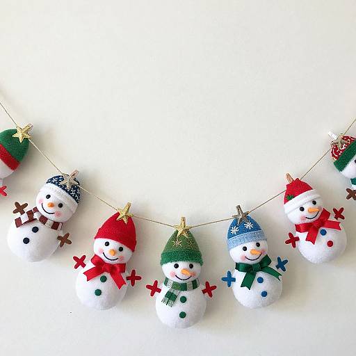 Photograph of six adorable, handmade snowman ornaments with red, green, and blue hats, red scarves, and wooden stars, hanging on a