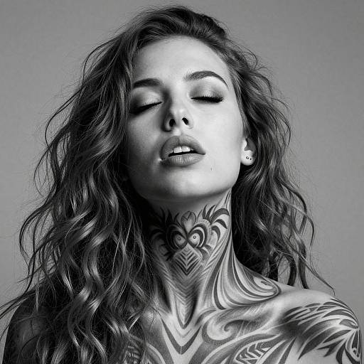 Black-and-white photograph of a tattooed woman with wavy hair, closed eyes, and intricate neck and shoulder tattoos, exuding a serene, sensual