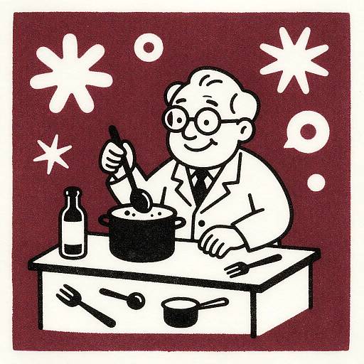 Vintage Linocut of Elderly Scientist Cooking