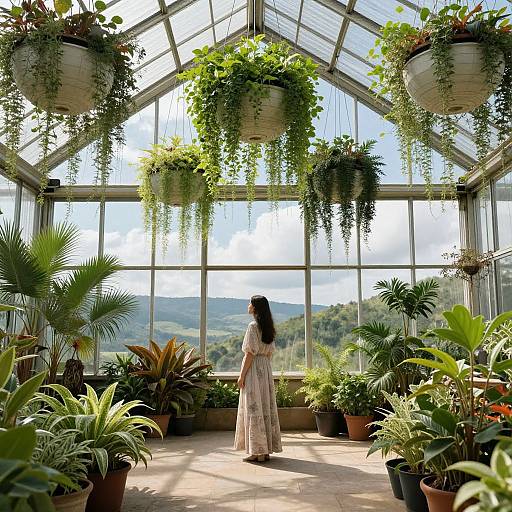 Photograph of a woman in a white, lace dress standing in a sunlit greenhouse with hanging plants, potted palms, and a mountain view through