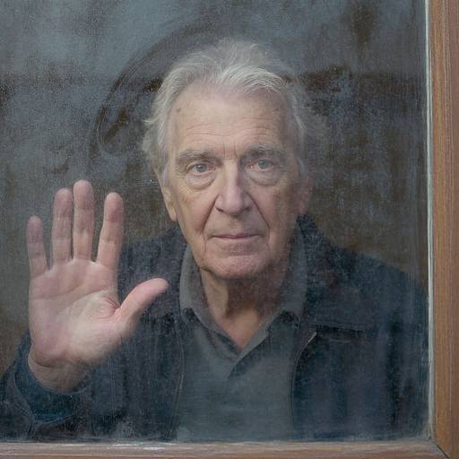 Photograph of an elderly man with white hair and wrinkles, wearing a dark jacket, waving through a slightly fogged window.