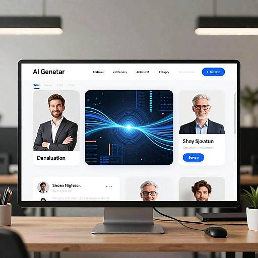 Photograph of a computer monitor displaying the AI Generator website with four profile images, blue futuristic background, and two 
