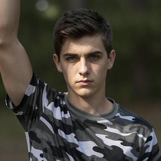 Sunlit Young Man in Camouflage Shirt