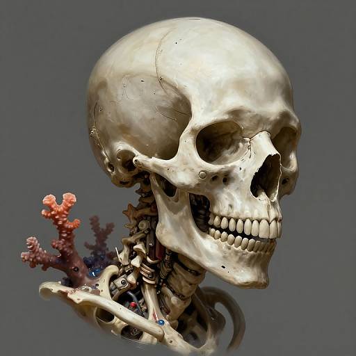 Photorealistic CGI of a human skull with detailed bones and coral-like growths, set against a solid gray background.