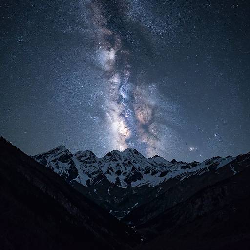 Photograph of a starry night sky with the Milky Way galaxy over a snow-capped mountain range, featuring dark silhouetted peaks in the