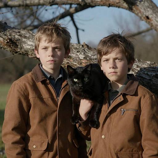 Children and Cat by Fallen Tree