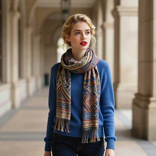 Photograph of a blonde woman with red lipstick, wearing a blue sweater and patterned scarf, walking in a sunlit, arched corridor.