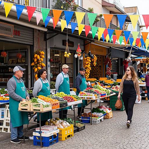 Colorful outdoor market with vendors in green aprons, hanging bunting, and tables of fresh fruits and vegetables; a woman walks by. Photograph.