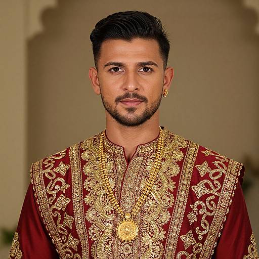 Man in Traditional Red and Gold Attire