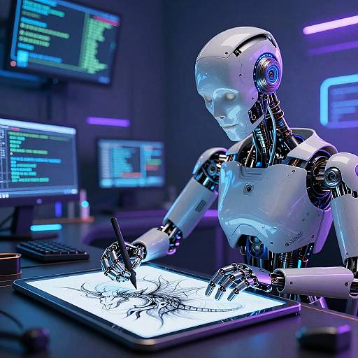 Cyborg Artist Sketching Futuristic Creature