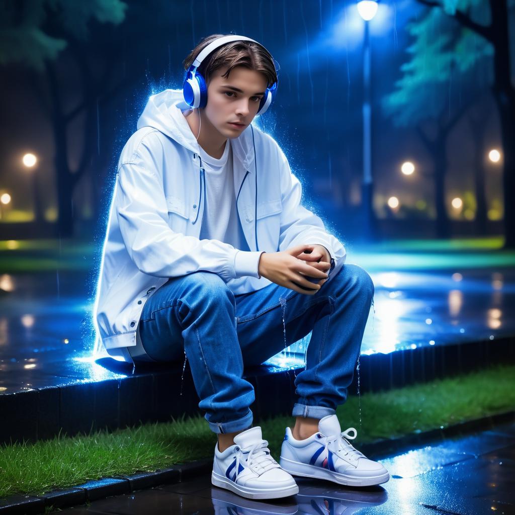 Teenager in Rainy Night Park Scene